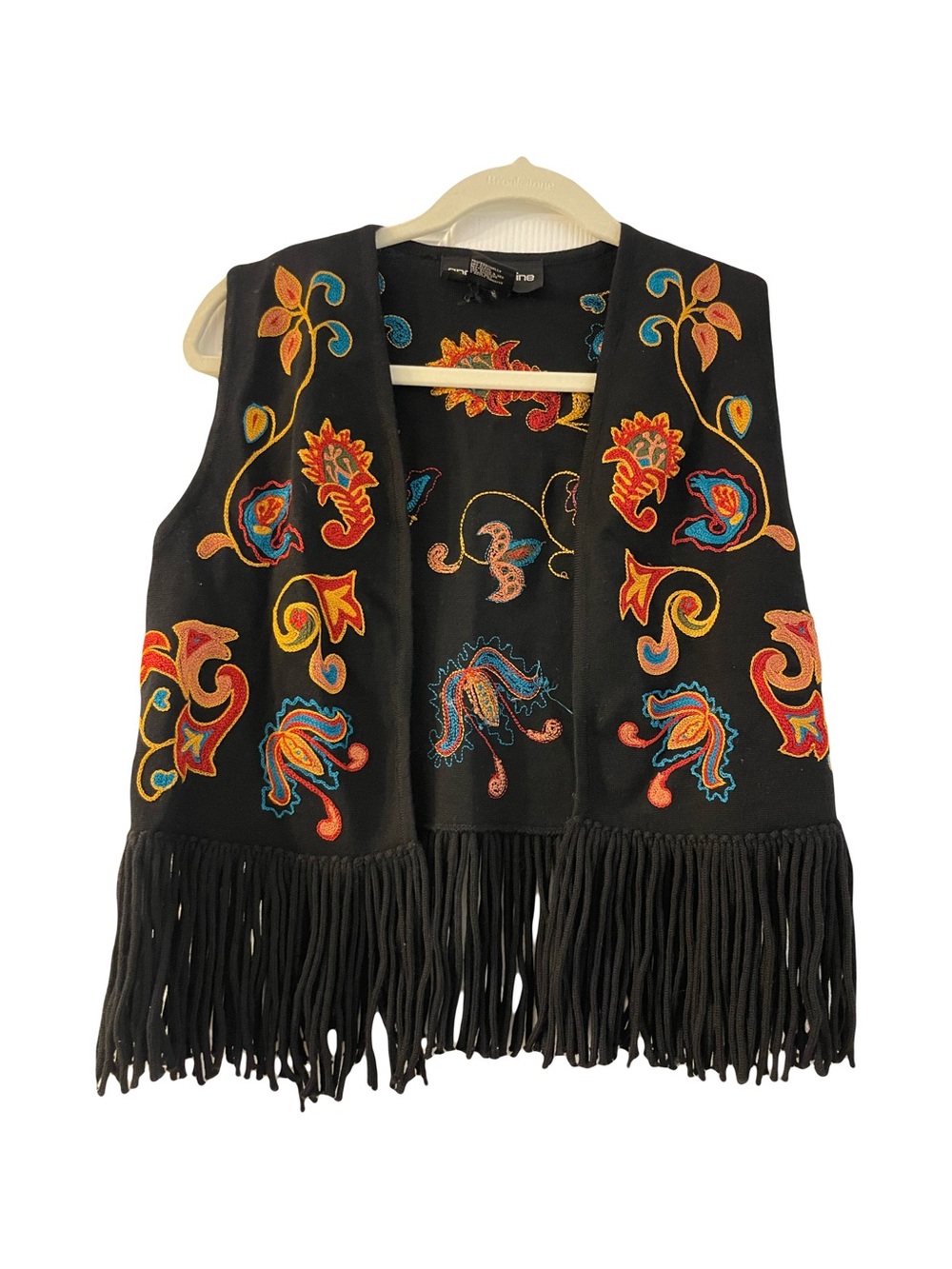 Andrea Jovine Black Wool Vest with Red, Yellow, Blue Embroidery